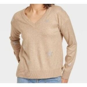 Knox Rose Women's V-Neck Tan Pull-Over Sweater XL Stars Preppy Neutral